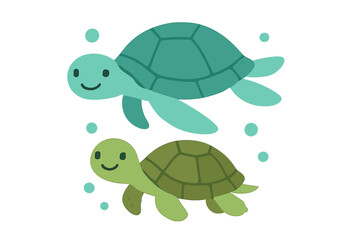 Two cute smiling sea turtles swimming underwater with bubbles on a clean white background