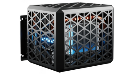 Modern geometric metal lantern with blue light illumination