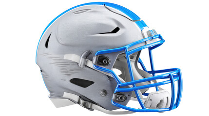 Fototapeta premium PNG gray football helmet with blue faceguard and stripes, modern protective gear for sports and fitness