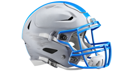 PNG gray football helmet with blue faceguard and stripes, modern protective gear for sports and fitness