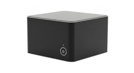 Sleek black cube shaped electronic device with silver trim