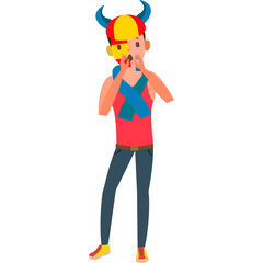 Young Person Wearing Red Shirt Blue Jeans Horned Hat And Scarf Holding Mask Over Face White Background