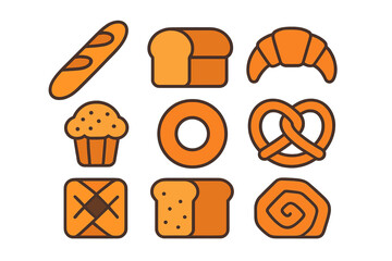 Assortment of bakery products and fresh bread featuring baguette, loaf, bagel, and pastry shapes
