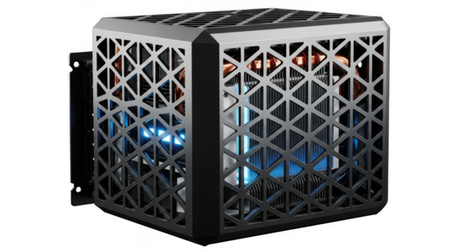 Modern geometric metal lantern with blue light illumination