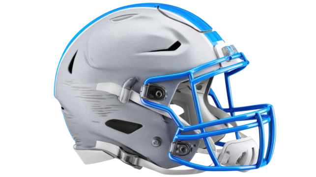 PNG gray football helmet with blue faceguard and stripes, modern protective gear for sports and fitness - Powered by Adobe