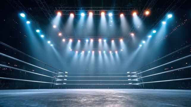 Illuminated boxing ring with bright spotlights in a large arena during a live sport event