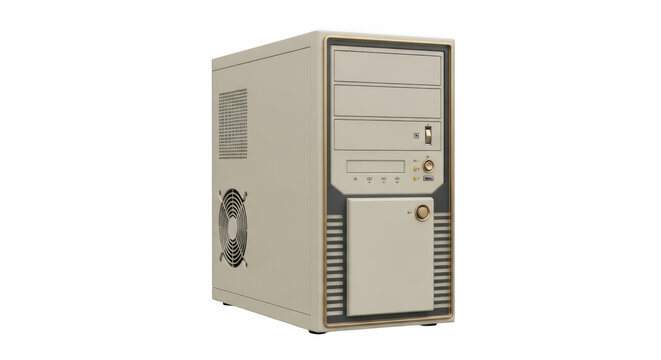 Vintage retro desktop computer tower, beige 90s personal computer case, classic workstation hardware isolated on white background