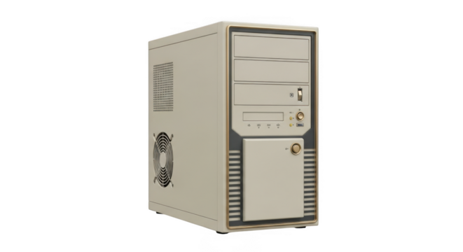 Vintage beige desktop computer tower on a black background