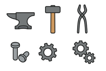 Collection of blacksmithing and mechanical tools including anvil, hammer, tongs, and gears