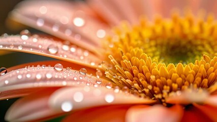 Detailed macro shot of a Gerbera daisy petal covered in reflective water drops. Freshness, nature, and clean ecology slow motion concept. - Powered by Adobe