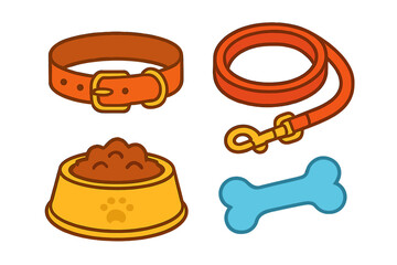 Collection of essential pet supplies including dog collar, leash, food bowl, and chew toy bone
