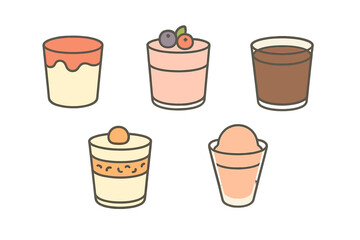Assortment of sweet treats and beverages served in clear glasses with simple outline design