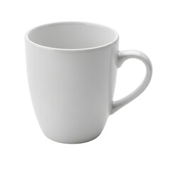 Plain white ceramic mug with handle and transparent background