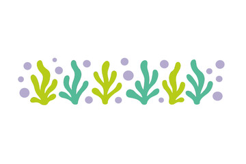 Seamless horizontal border pattern of stylized underwater seaweed and floating bubbles