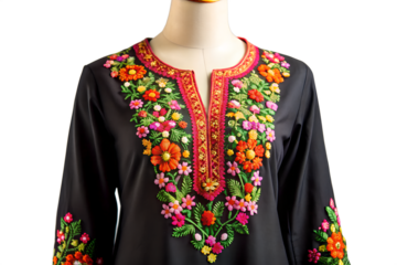 Close-up of a black garment with vibrant, colorful floral embroidery around the neckline, showcasing intricate craftsmanship and traditional textile art