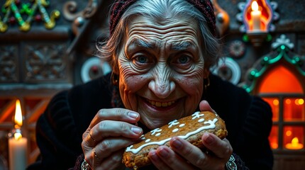 Portrait of witch offering gingerbread with gingerbread house in background, illustration for fairy tale "Hansel and Gretel"