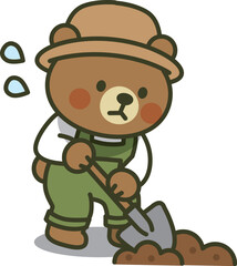 スコップで穴を掘るくまちゃんのイラスト（作業・園芸・かわいい動物）