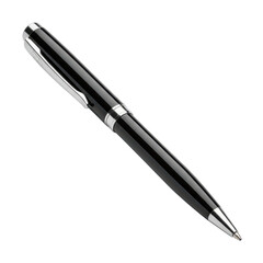 Sleek black ballpoint pen with silver accents on transparent background