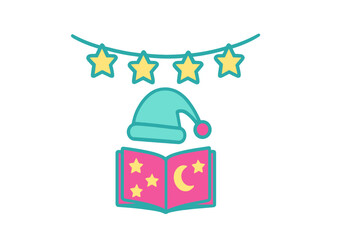 Colorful graphic depicting a sleeping cap, open book, and decorative star garland for bedtime stories