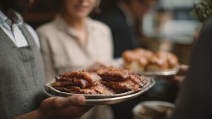 Fototapeta premium Person holding a plate of food in their hand. the plate is filled with a variety of food items, including meat, vegetables, and other dishes. the person is wearing a gray apron and has a beard.