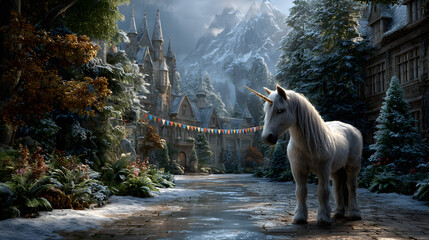 A majestic unicorn standing in a winter castle courtyard decorated with festive lights and pine trees. 