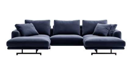 Modern blue sofa with cushions on transparent background