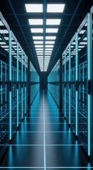 Modern data center with illuminated server racks and a long aisle creating a futuristic atmosphere