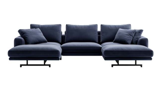 Modern blue sofa with cushions on transparent background