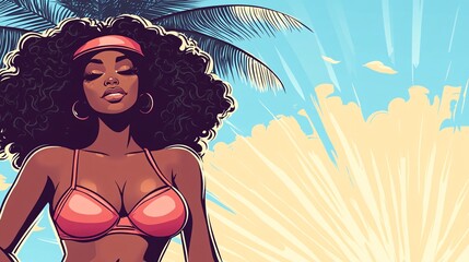 vibrant illustration of a woman in bikini under tropical sun with palm trees