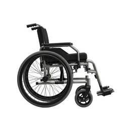 Manual black wheelchair with metallic frame on transparent background