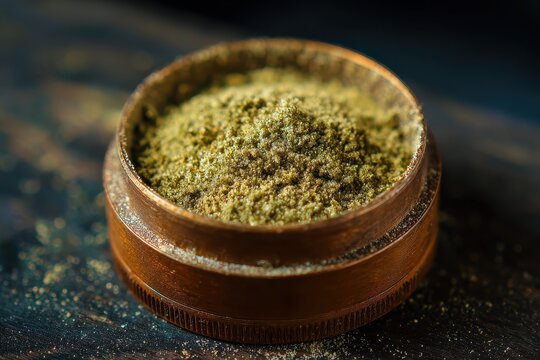 Macro Shot of Kief in Grinder. Emphasizing Green Leafy Texture of Sativa & Indica Cannabis for Medical Health