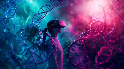 A vivid digital artwork portraying a woman immersed in virtual reality. She is wearing a VR headset and has a ponytail. The background is a kaleidoscope of colors, predominantly blues and purples. - Powered by Adobe
