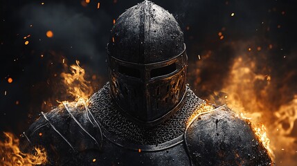 armored knight in fiery battle with burning background and dark smoke
