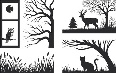Nature silhouette vector set, owl moon window, deer forest scene, marsh grass, cat under tree, wildlife shadow illustration, outdoor elements