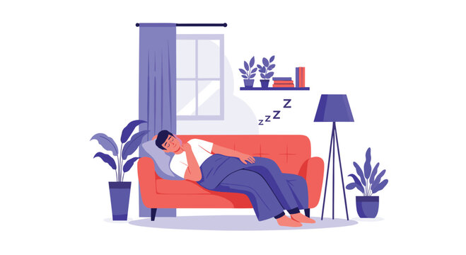 Young man taking a nap and sleeping peacefully on the sofa in his cozy living room, relaxing and recharging during the day. - Powered by Adobe