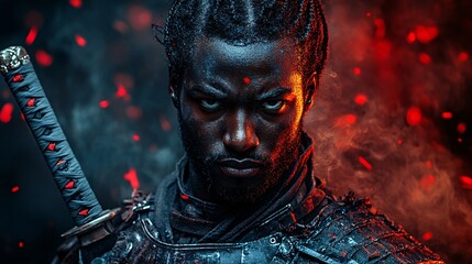 fierce warrior with intense glare in dark fantasy attire amid red sparks and smoke