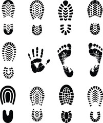 Print silhouette vector set, shoe sole patterns, handprint and barefoot designs, forensic texture grid, identification concept, black icon collection