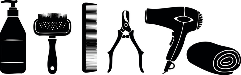 Obraz premium Hair salon tools vector set with brush, comb, scissors, hair dryer, towel, and bottle for professional styling 