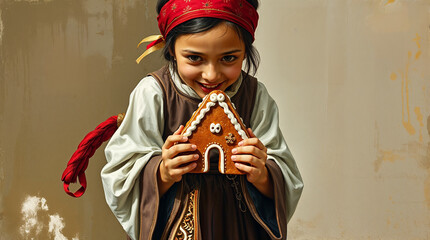 Portrait of Greta with gingerbread house on beige and brown background, illustration for fairy tale "Hansel and Gretel"