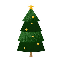 Christmas tree in isolated grainy illustrations of a holiday tree decorated with Christmas ornaments, baubles, garlands, tinsel, stars, bows. Festive elements for New Year designs.