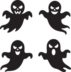 Four black halloween ghost silhouettes with different expressions on white background