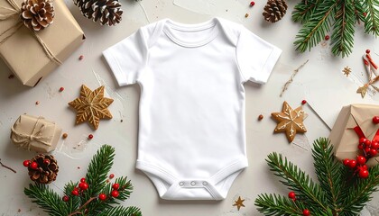A white baby bodysuit lies centered amid festive holiday decor; presents, gingerbread stars, pine cones, and greenery