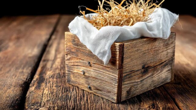 Wooden box filled with straw on a rustic table creates a natural and warm atmosphere