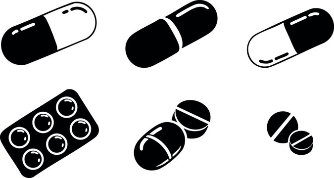 Assorted medicine capsules and tablets in black and white vector style for pharmaceutical health concepts 