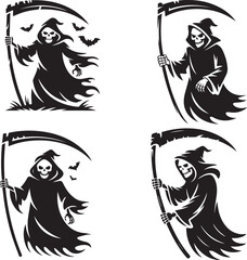 Grim reapers with scythes in various poses black and white halloween illustrations