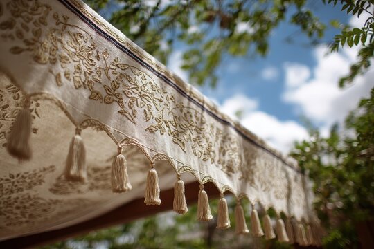 Intricate Chuppa Canopy Details: A Close-Up of Traditional Jewish Wedding Fabric Under the Open Sky