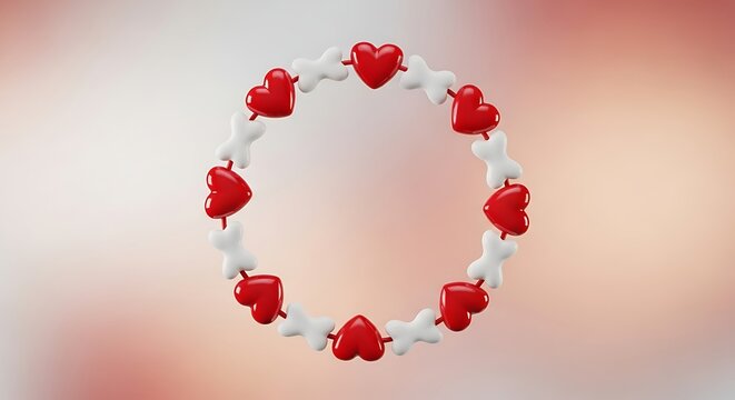A circular arrangement of red hearts and white bone shapes on red - Powered by Adobe
