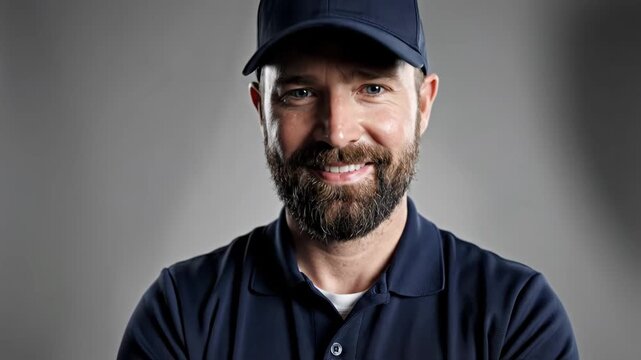 Friendly Service Professional Portrait - A close-up studio portrait of a smiling man wearing a navy blue collared shirt and a matching baseball cap.