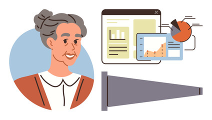 Elderly woman alongside charts, graphs, and a telescope emphasizing exploration, analytics, innovation, and discovery. Ideal for education, progress, research career technology inspiration simple