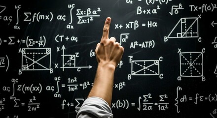 Hand pointing at complex mathematical formulas and geometric shapes on a blackboard